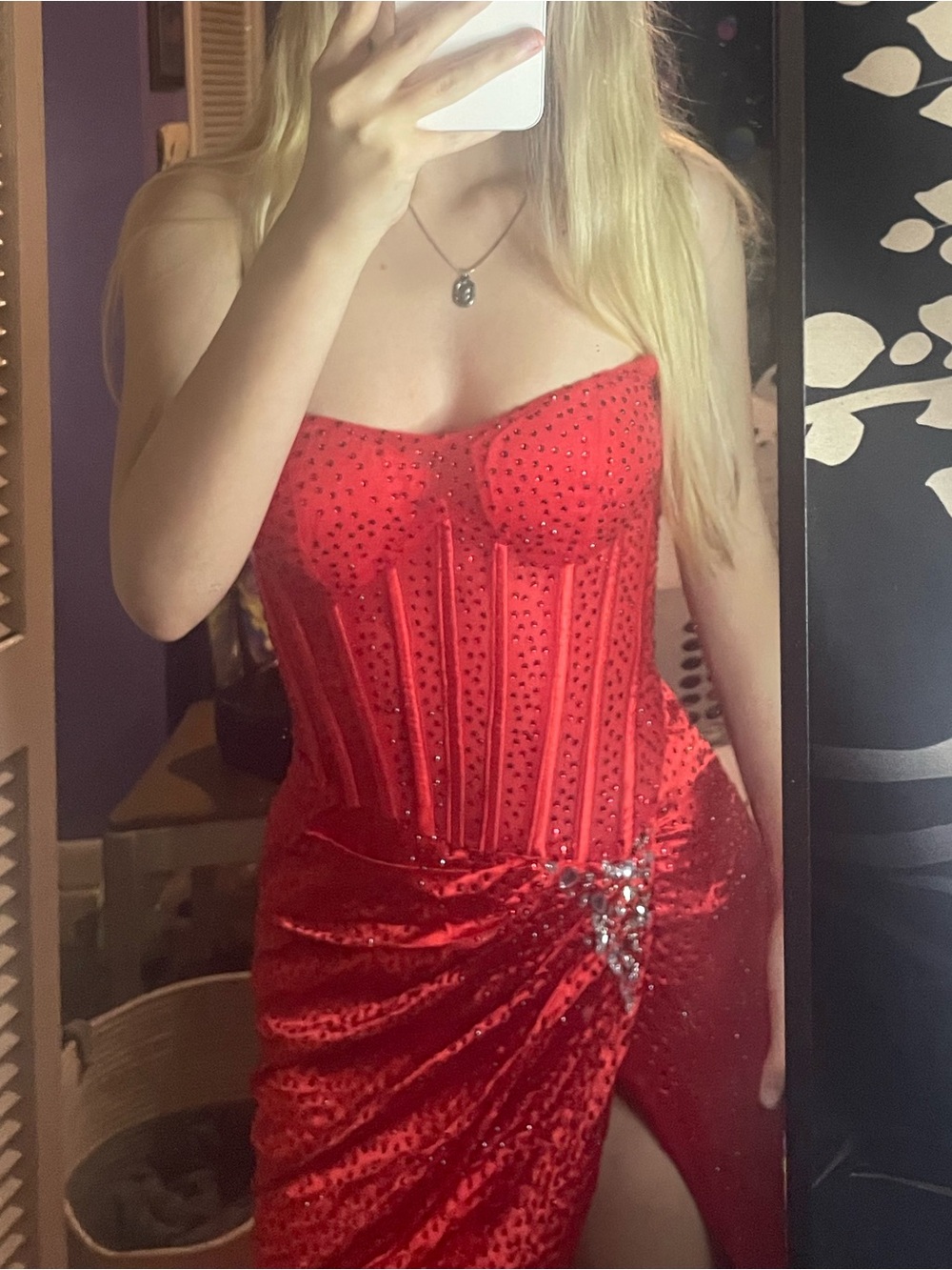 Strapless Red Sequin Corset Prom Dress with Side Slit